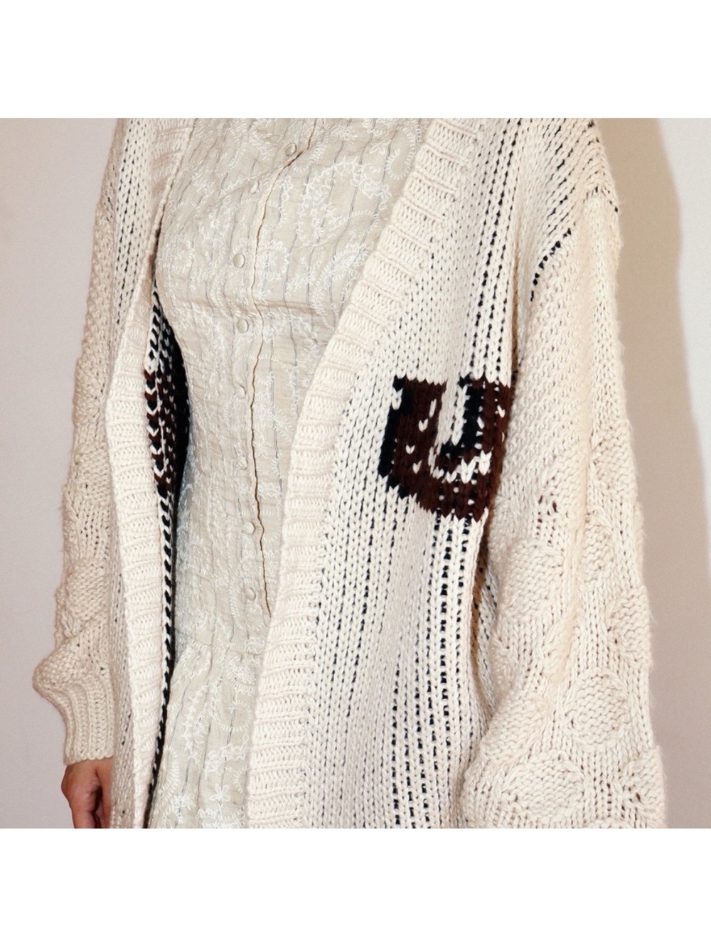 REVOLVE Cream Open-Knit Cardigan with Black Horse Motif - Picture 4 of 6